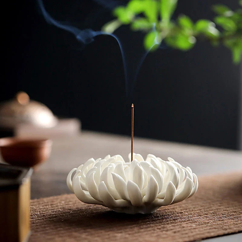 Elegant ceramic incense burner with chrysanthemum design, available in white and yellow colours and three sizes