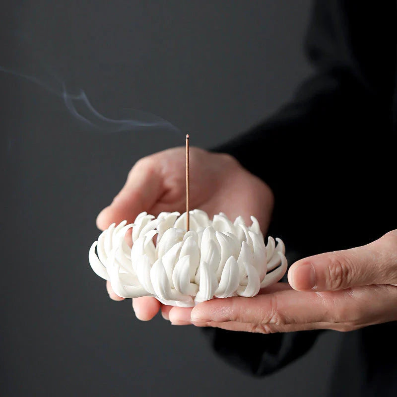 Elegant ceramic incense burner with chrysanthemum design, available in white and yellow colours and three sizes