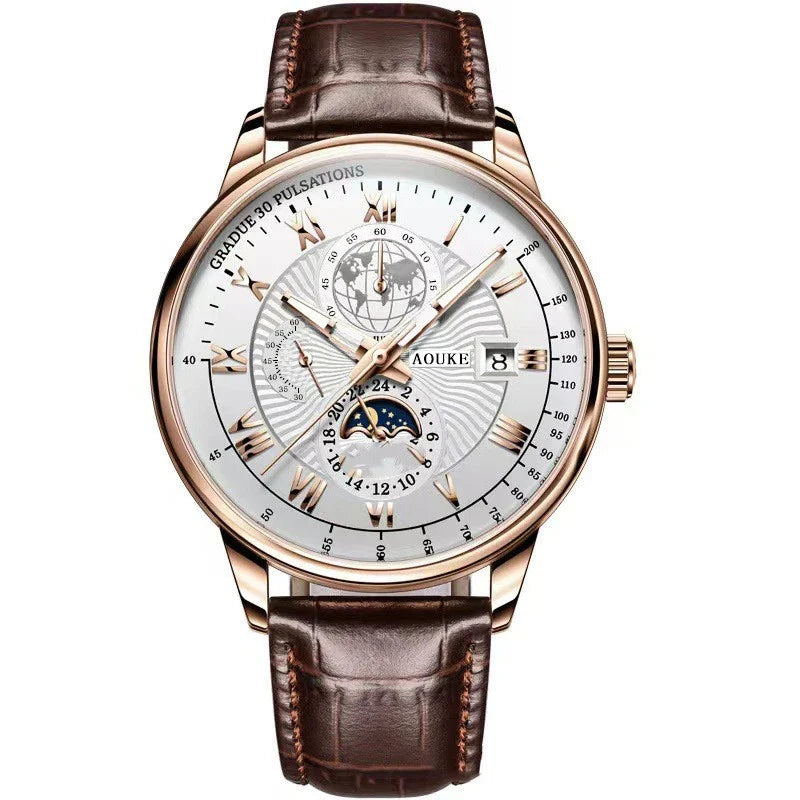 Genuine leather watch with luminous dial and calendar function, a sophisticated British timepiece