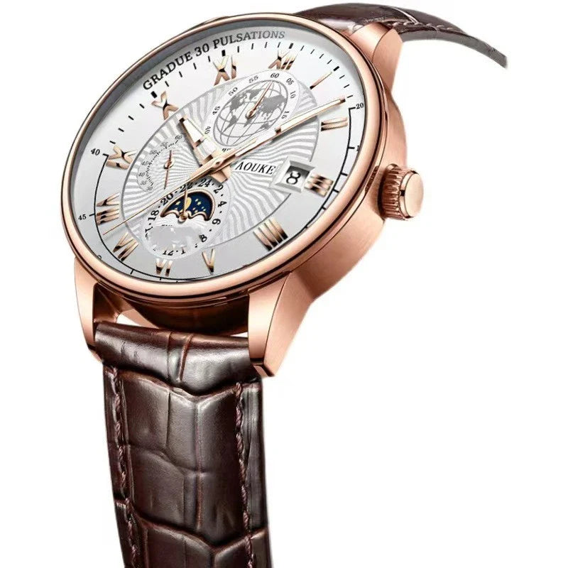 Genuine leather watch with luminous dial and calendar function, a sophisticated British timepiece