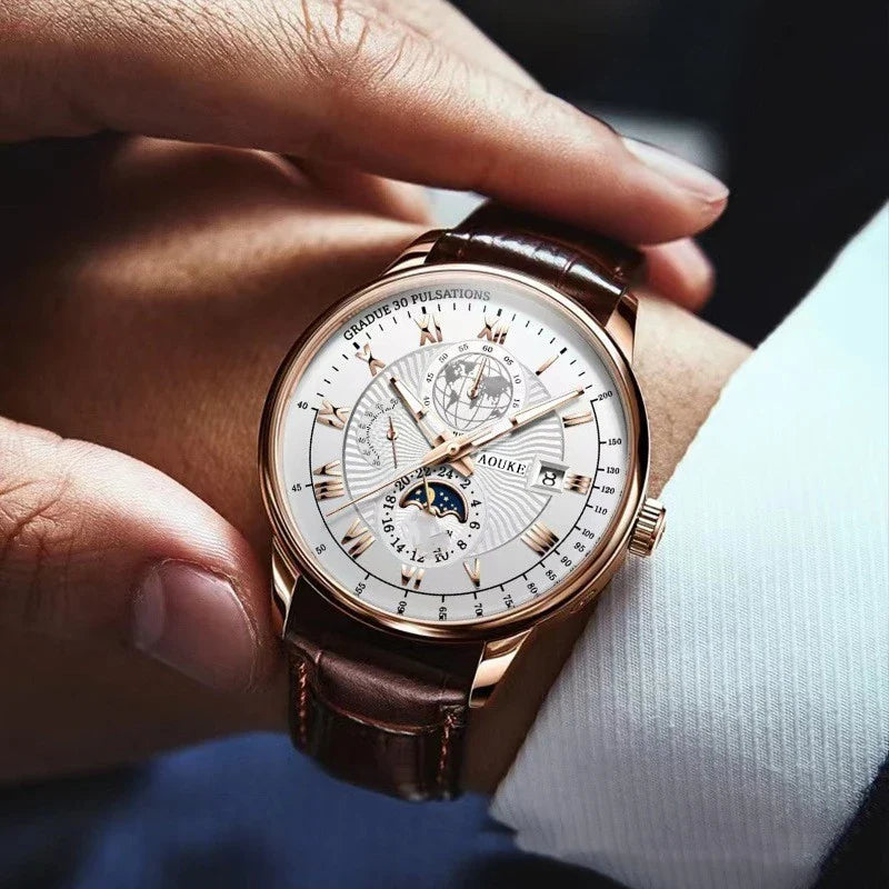 Genuine leather watch with luminous dial and calendar function, a sophisticated British timepiece