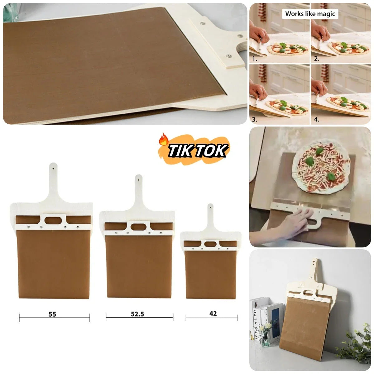 Wooden pizza peel with various size options, perfect for transferring baked goods from oven to table