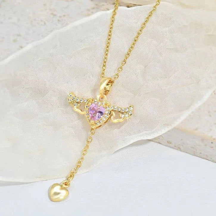 Enchanting necklace with Cupid heart and fluttering angel wings, crafted with titanium steel and sparkling zircon crystals
