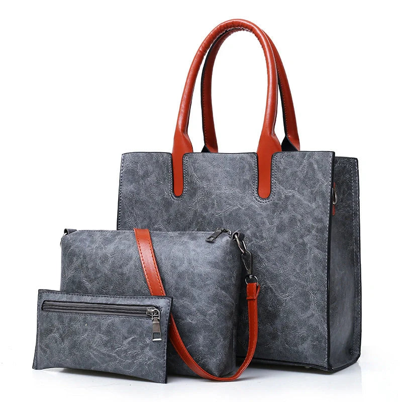 Retro three-piece women's bag set in PU leather, available in red, black, and brown