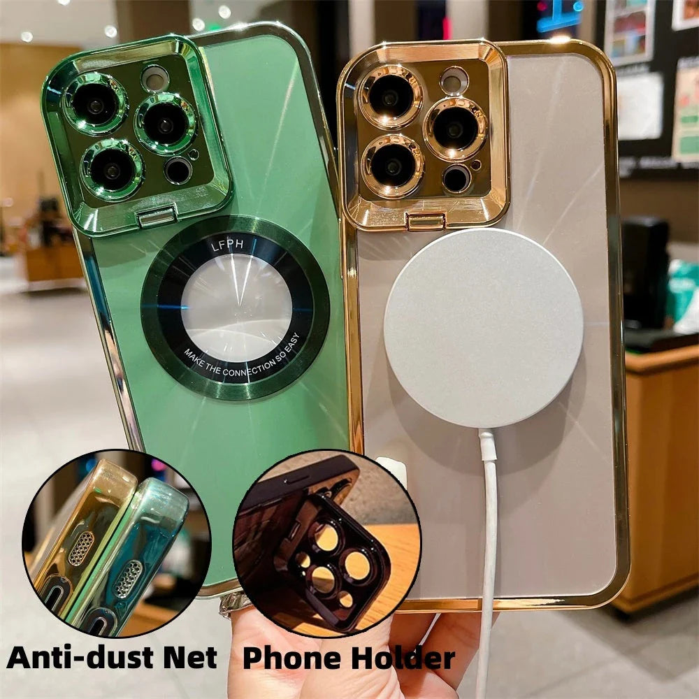 Sleek and stylish Magsafe phone case with invisible camera stand and CD pattern design