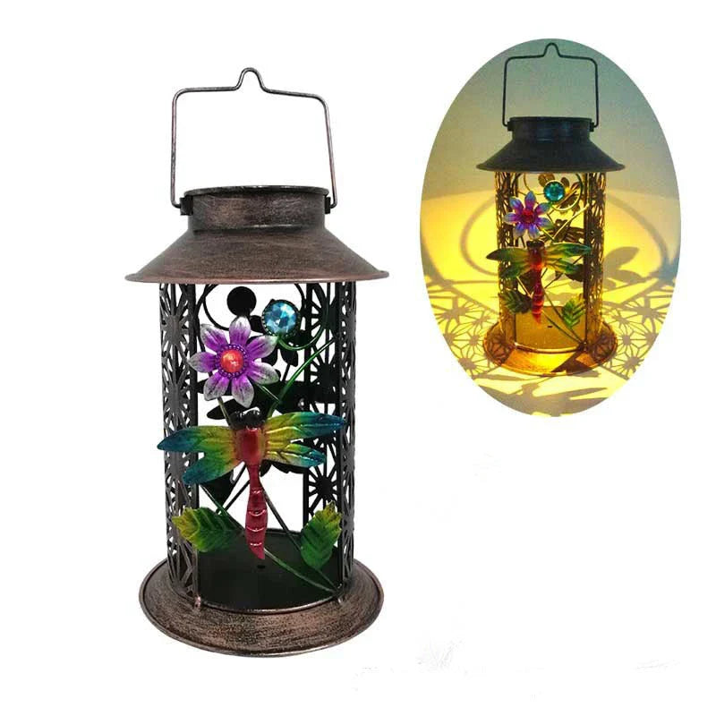 Decorative solar-powered garden lamp with iron construction and classic European design for outdoor lighting and decor