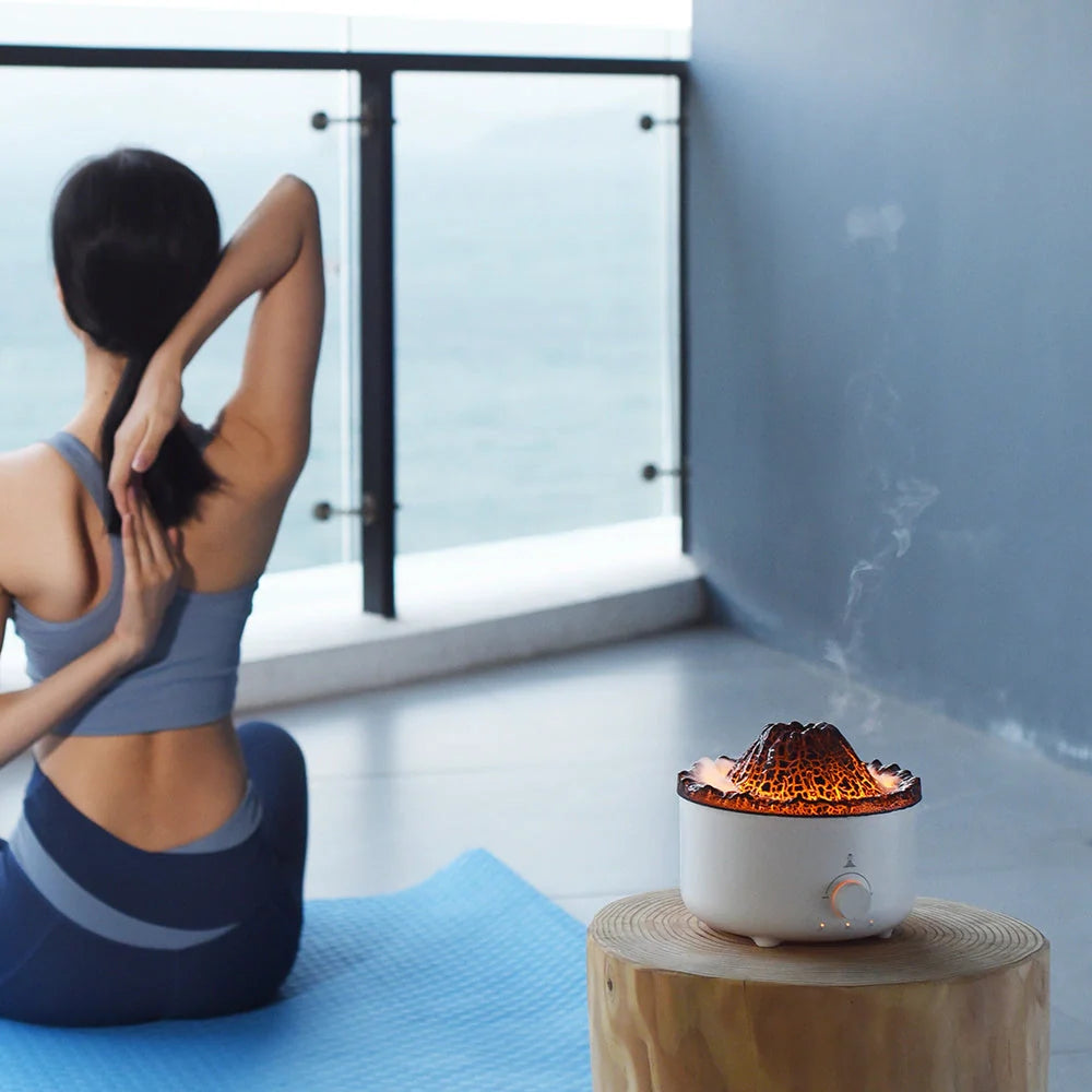 Small simulated flame volcano humidifier with aroma diffuser and remote control
