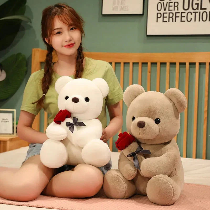 Soft and huggable teddy bear plush pillow in brown, beige, and grey colors
