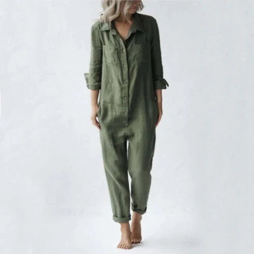 Women's loose fit long sleeve jumpsuit with pockets in various colors