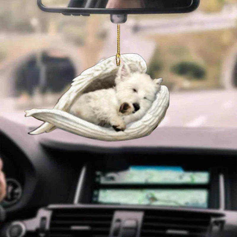 Charming sleeping dog angel acrylic car pendant decoration with a whimsical design