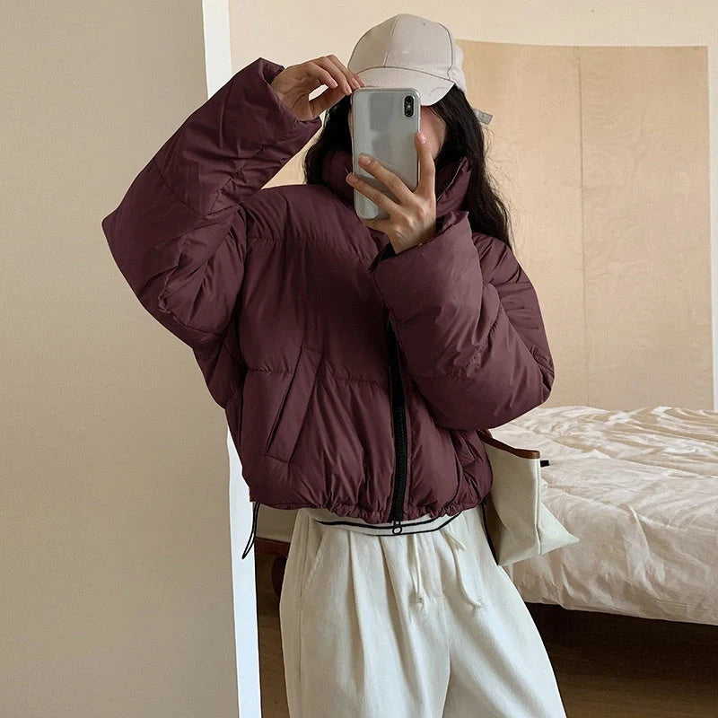 Stylish stand collar cropped parka for women in various colours