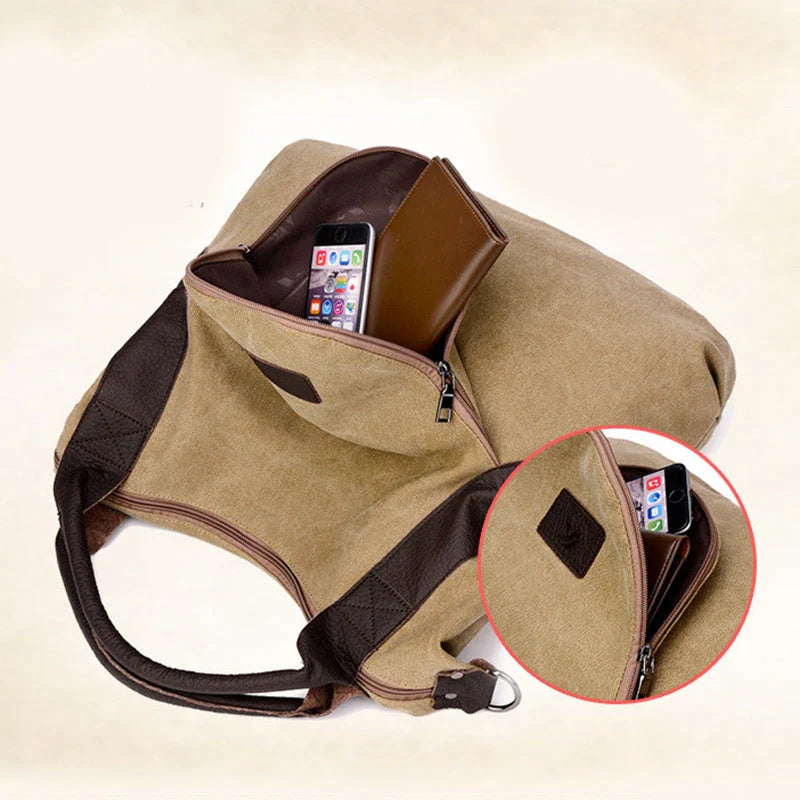 Stylish and versatile canvas shoulder bag with premium brass hardware and thoughtful interior organisation
