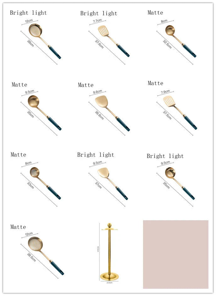 Elegant stainless steel kitchenware set with mirror-polished finish and gold-plated accents, including various utensils like shovels, spoons, ladles, and a serving frame
