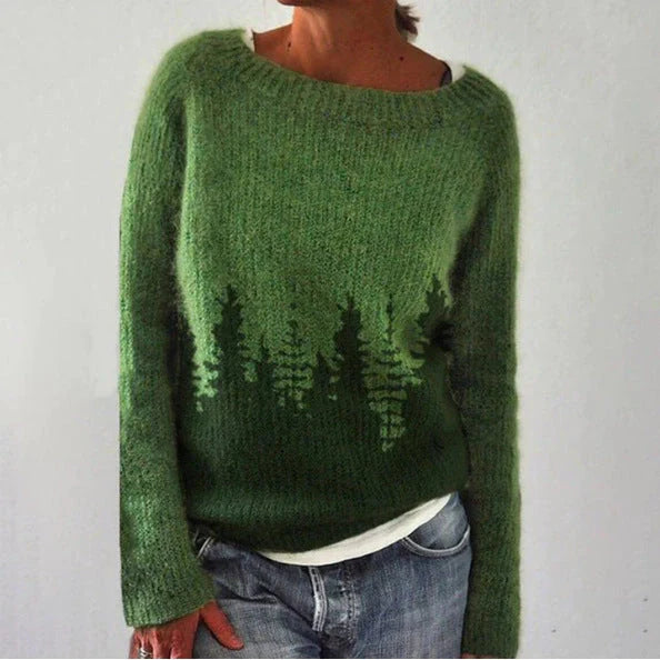 A stylish loose-fit knit jumper with a variety of colourful patterns and designs