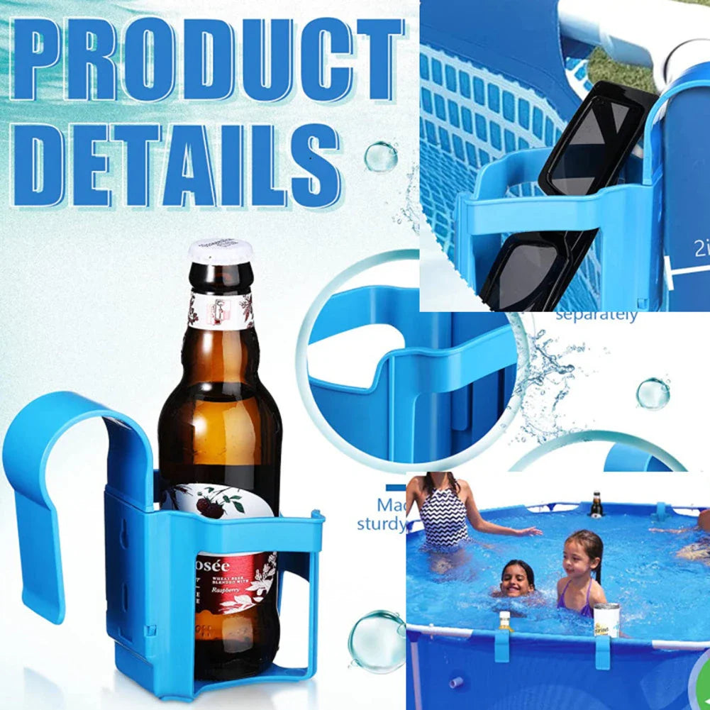 Poolside drink holder attached to the edge of a swimming pool, securely holding a variety of beverage containers.