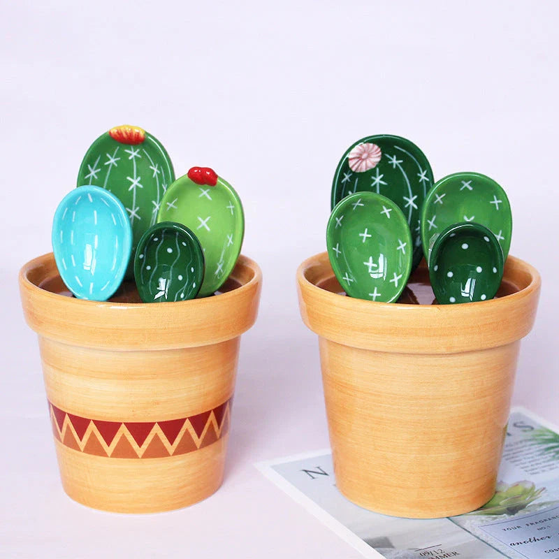 Ceramic measuring spoons set with wave-patterned base and color-coded spoons for precise ingredient portioning in the kitchen