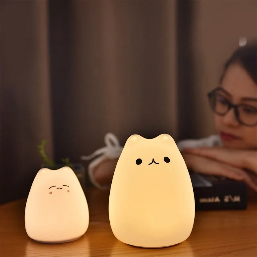 Adorable cat design silicone touch sensor LED night light for children with colour-changing feature