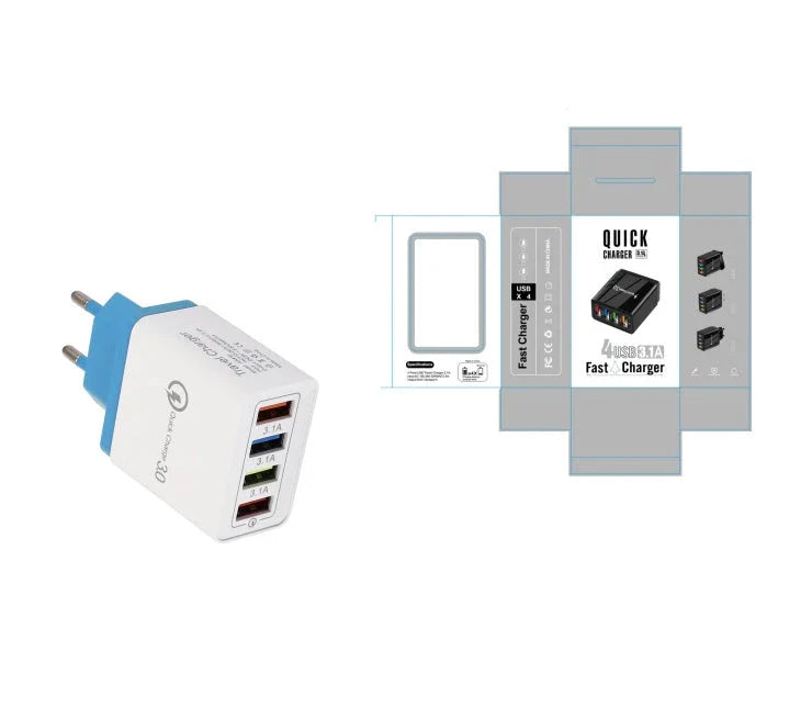 4-Port High-Speed USB Wall Charger with Quick Charge 3.0 Technology for Simultaneous Charging of Multiple Devices