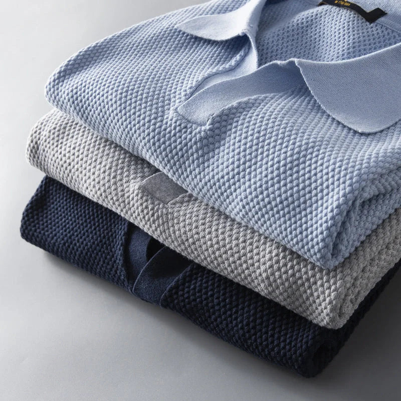 Men's V knit lapel short sleeve top in cotton, available in blue, navy blue, and grey