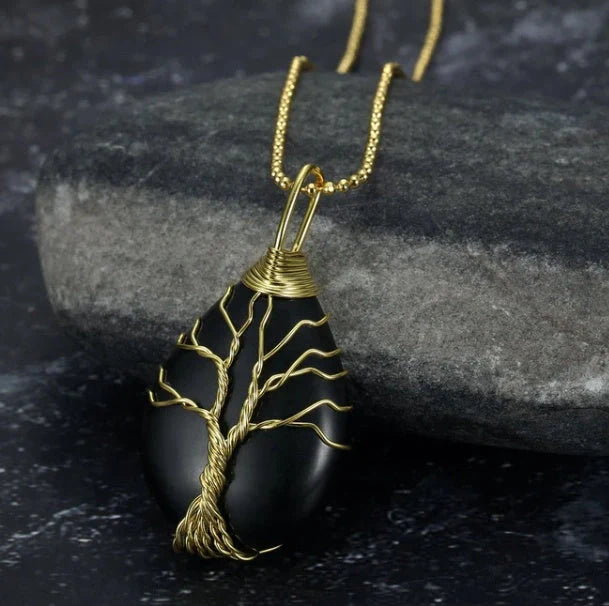 Celtic Tree of Life Necklace with teardrop semi-precious stone pendant