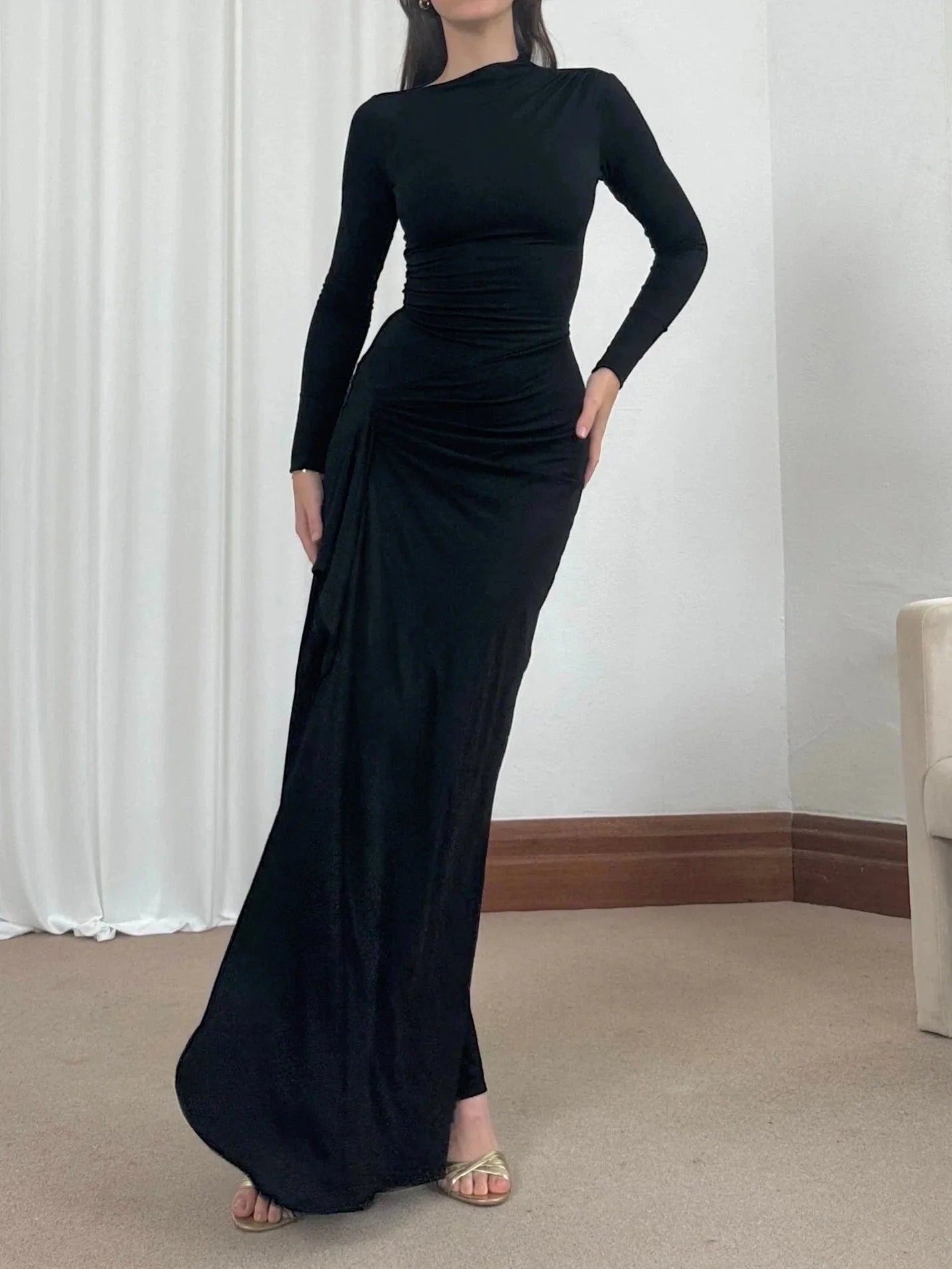 Tailored long sleeve asymmetric dress in solid colours for women with unique design, soft fabric, and variety of colour options