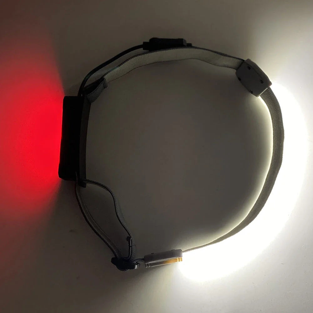 Rechargeable LED headlamp with red safety light, perfect for outdoor activities like cycling, camping, and fishing