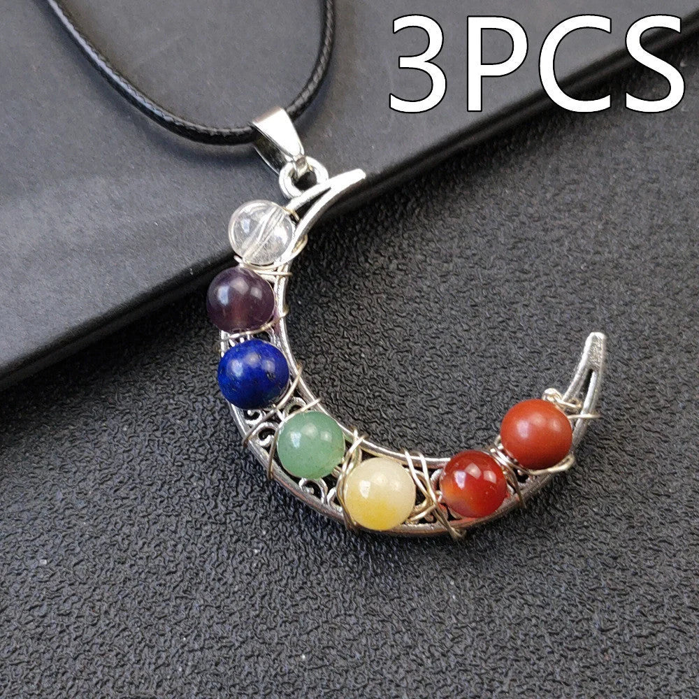 Seven Chakras Crystal Moon Pentagram Necklace in bohemian style