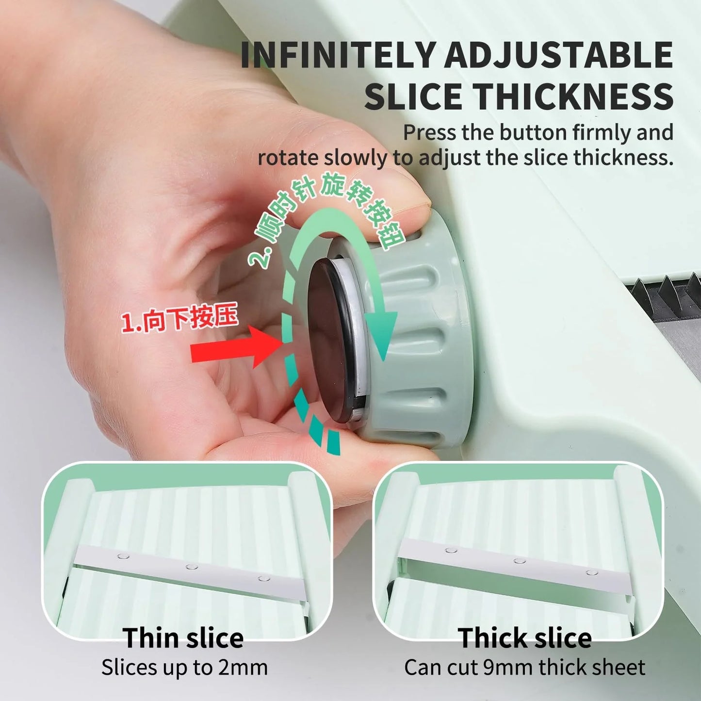 Versatile vegetable slicer with adjustable thickness, ideal for slicing, shredding, and julienning a variety of ingredients