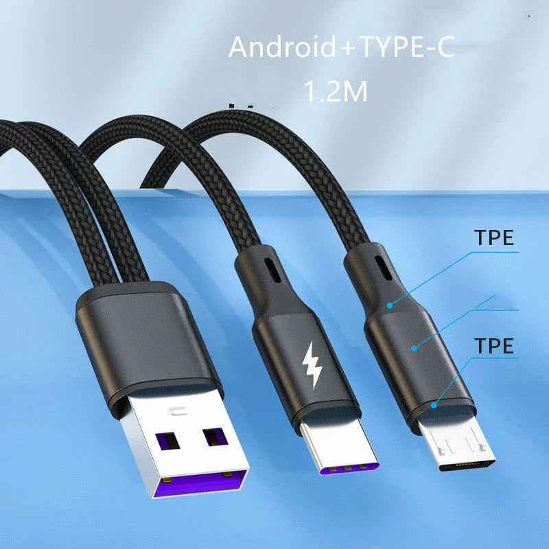 Versatile braided charging cable with simultaneous dual-device support for fast 5A charging