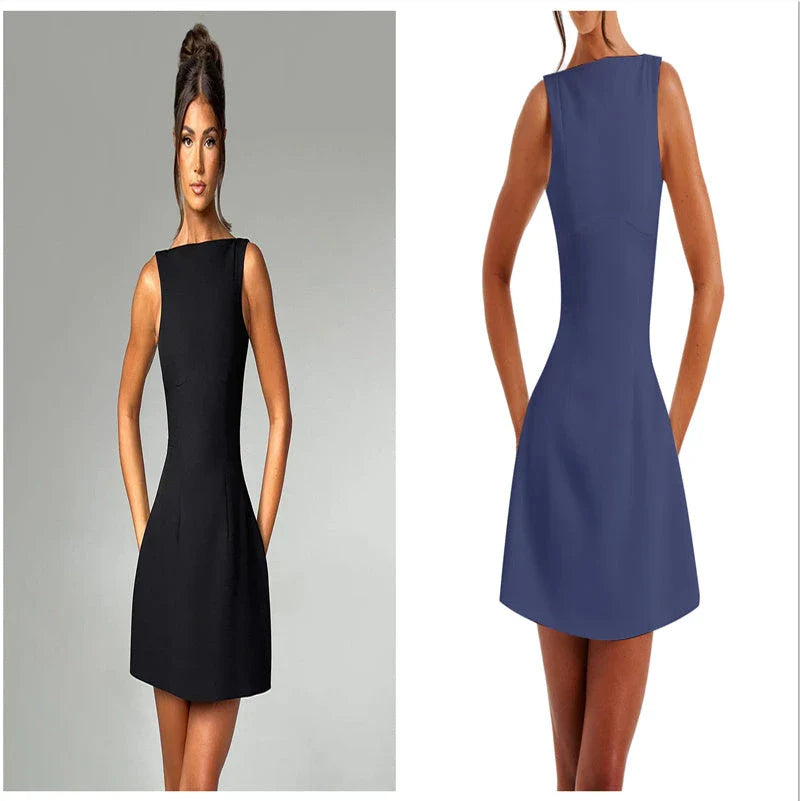 Chic backless summer dress with slim silhouette and sleeveless design, available in black, white, and red colors