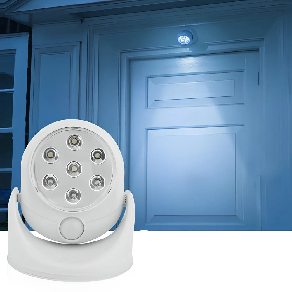 Motion-activated LED light with 360-degree rotation and adjustable tilt for versatile indoor and outdoor use