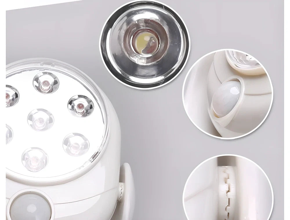 Motion-activated LED light with 360-degree rotation and adjustable tilt for versatile indoor and outdoor use