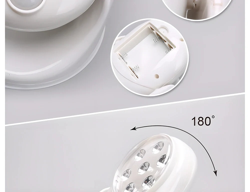 Motion-activated LED light with 360-degree rotation and adjustable tilt for versatile indoor and outdoor use