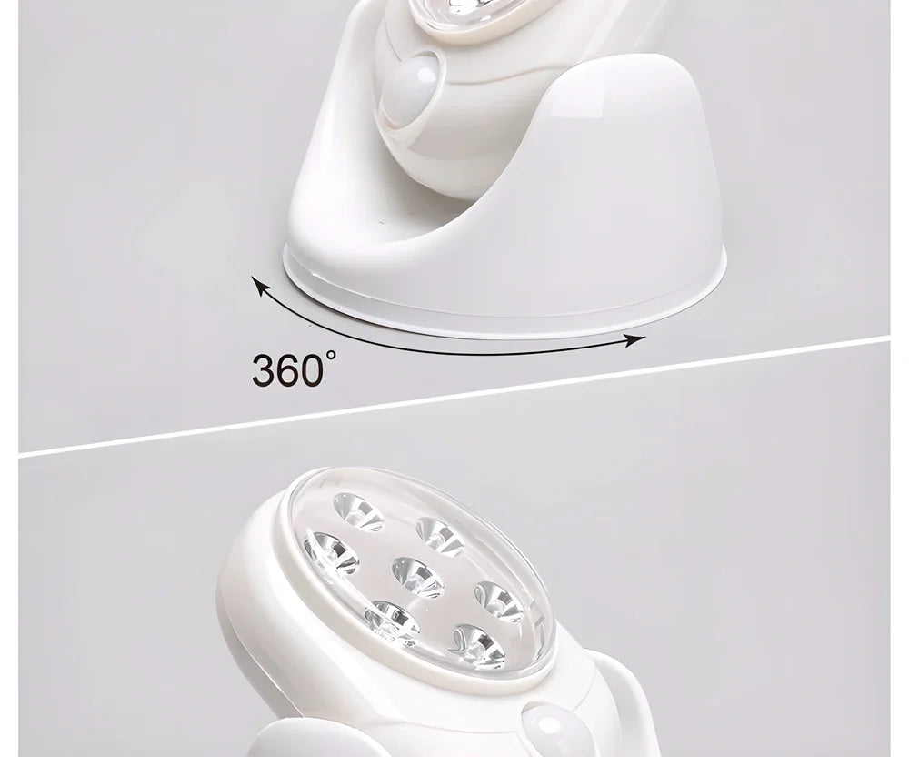 Motion-activated LED light with 360-degree rotation and adjustable tilt for versatile indoor and outdoor use