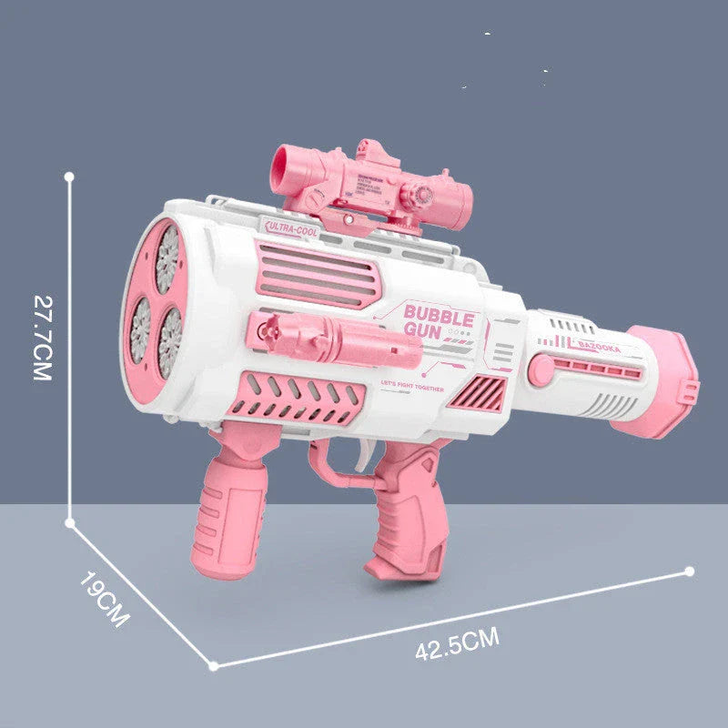 Automatic bubble blaster toy with rocket-shaped design, producing a cloud of colorful bubbles