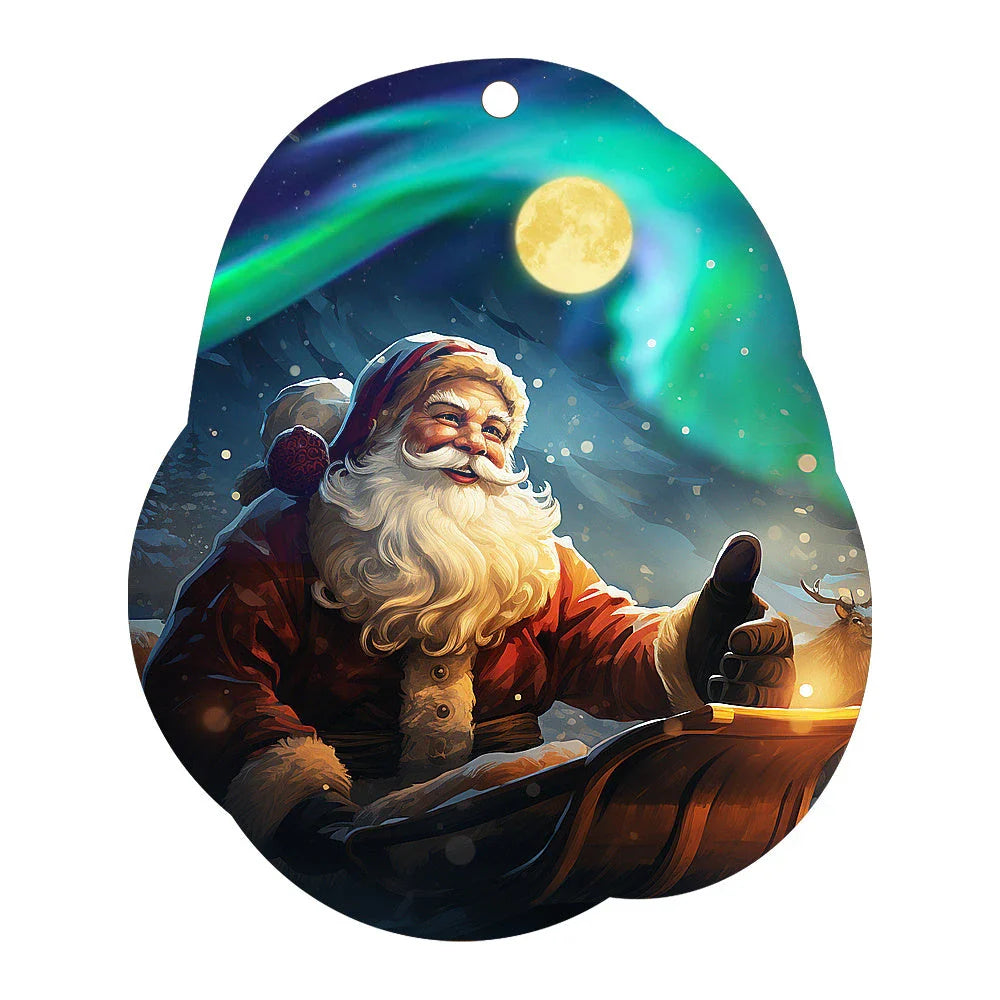 Festive car ornament hanging from rearview mirror with Christmas designs