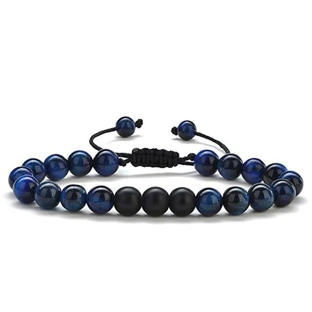 Matte black agate beads and tiger eye couple bracelets with geometric design