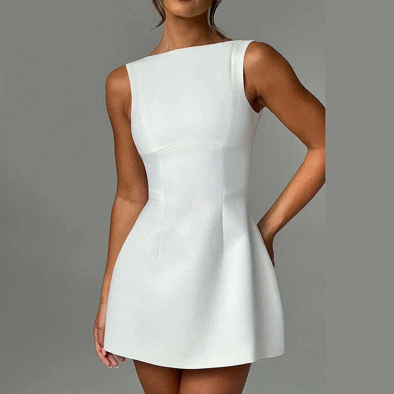 Chic backless summer dress with slim silhouette and sleeveless design, available in black, white, and red colors
