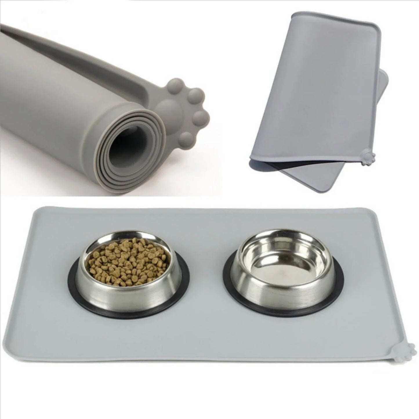 Spill-proof pet food mat made of durable silicone with non-slip base and raised edges to prevent messes