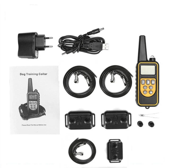 Remote-controlled anti-bark dog training collar with adjustable settings and 800-yard range