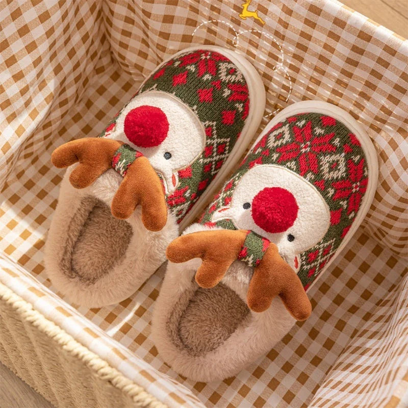Cozy and festive plush elk-themed slippers in Christmas green and red colors