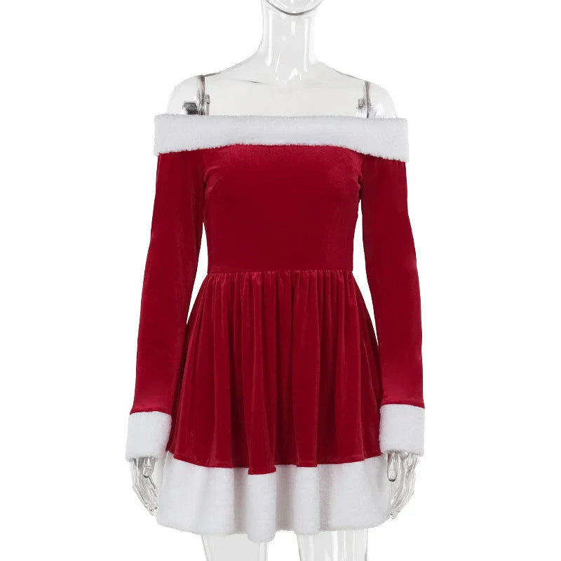 Women's Christmas costume Santa dress with plush trim, boat neckline, and off-shoulder sleeves for holiday parties and New Year's Eve