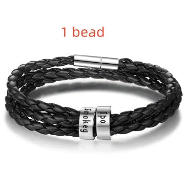 Personalized Leather Bracelet with Engraved Name Charm in Black and Brown Colors