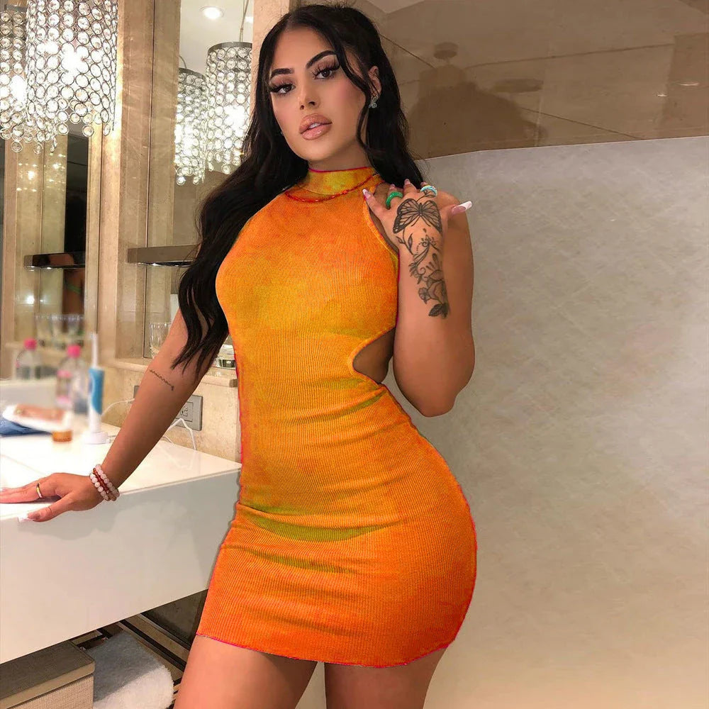 Elegant high neck cocktail dress with unique wrapped back design, available in various colors and sizes