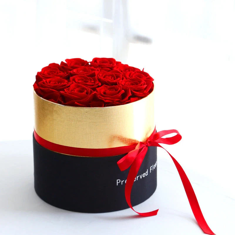 Premium preserved real roses in a luxurious gift box, a romantic floral centerpiece that lasts for years