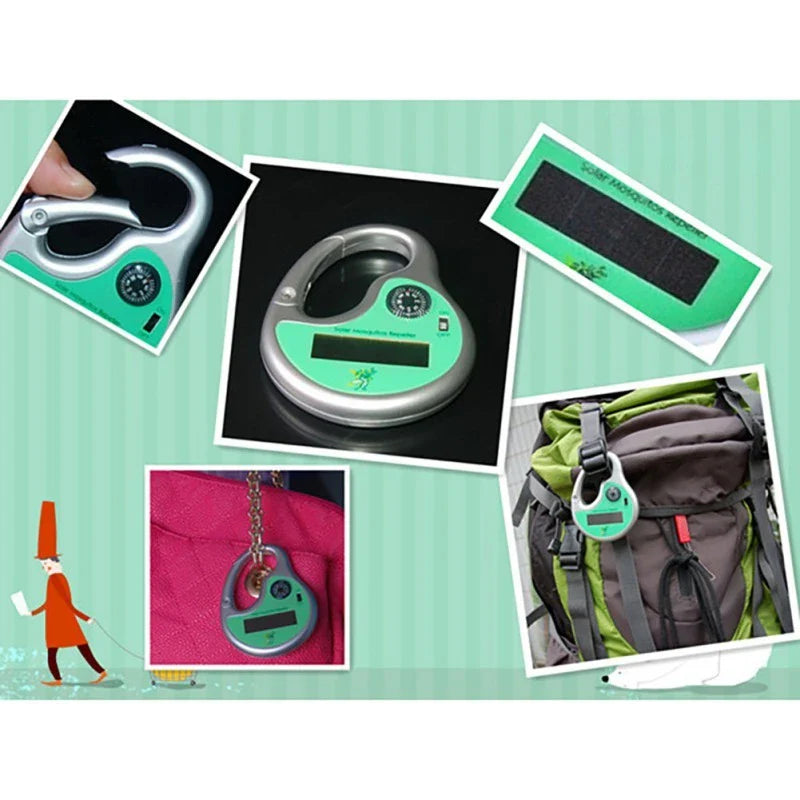 A compact, solar-powered ultrasonic mosquito repellent device with a green housing and solar panel