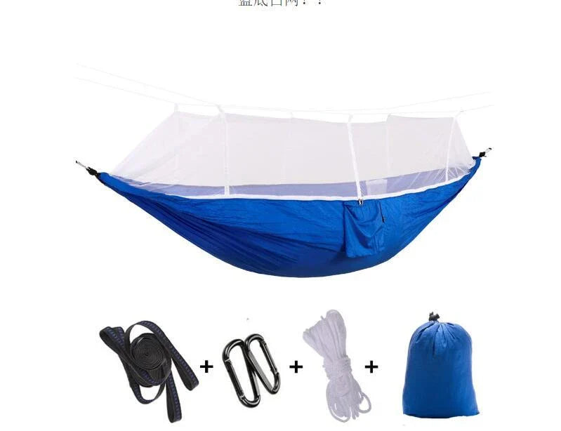Versatile parachute hammock with mosquito net for outdoor camping and relaxation