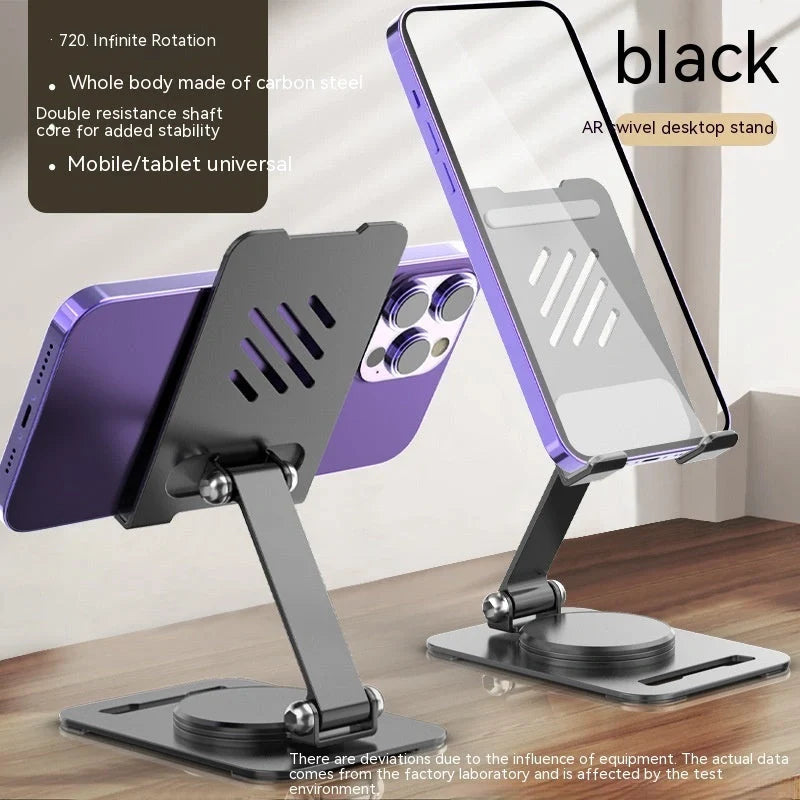 Adjustable 360-degree rotating metal desk phone and tablet stand in black, white, and silver colours