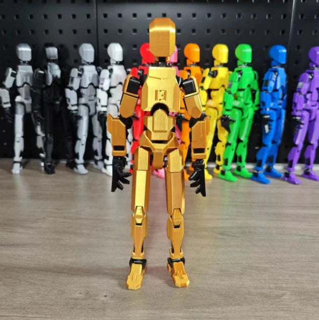Poseable 3D-printed transforming robot action figure toy in various bright colors