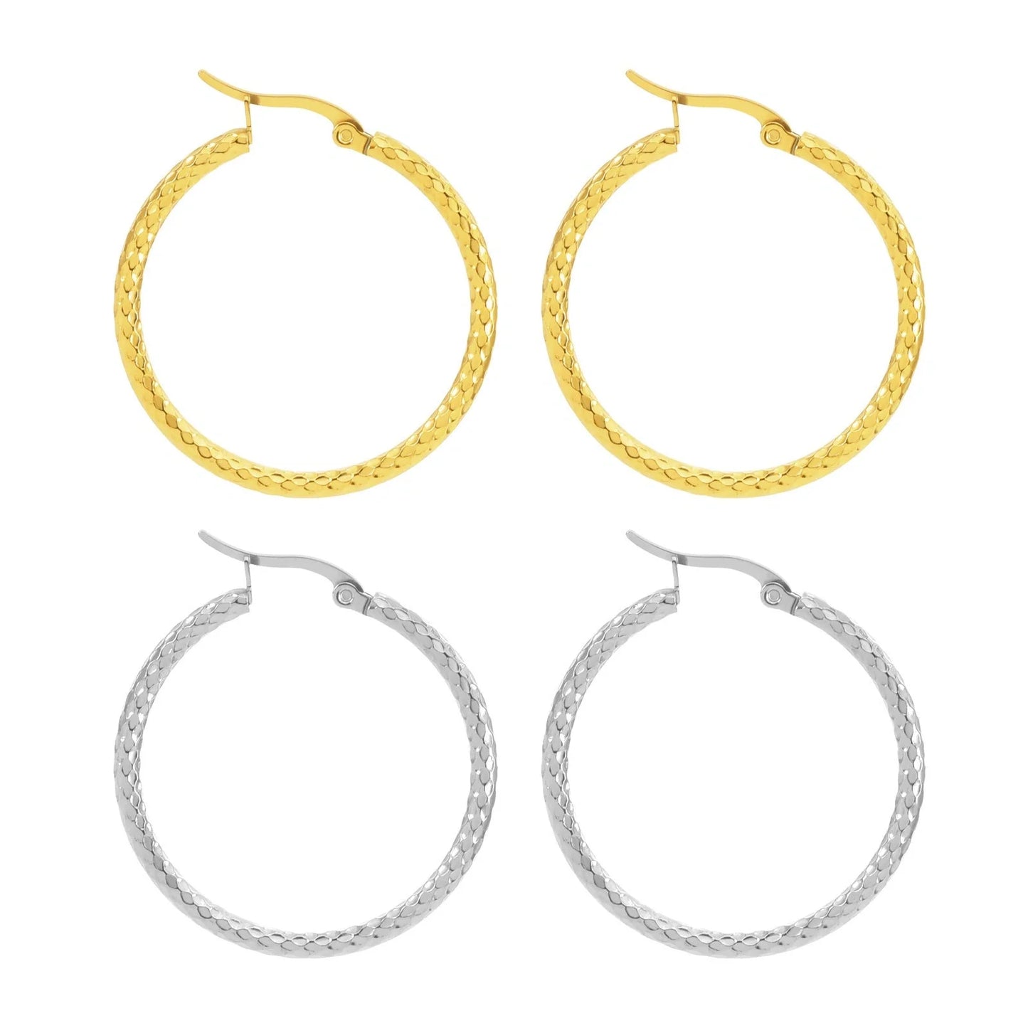 Elegant 18K gold-plated round ring earrings with embossed detail, perfect for any occasion.